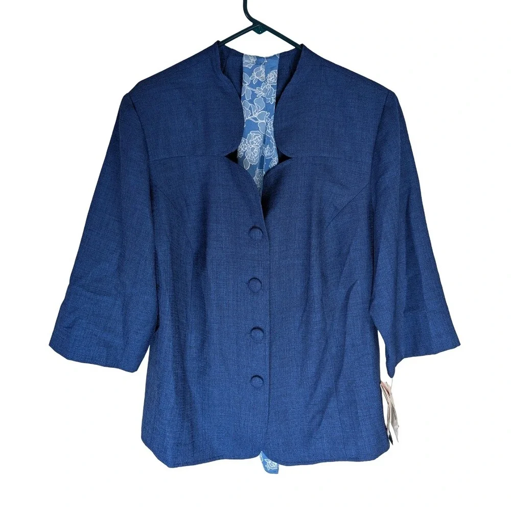 Leslie Fay Blazer Womens 20WP Blue 3/4 Sleeve Button Front Scarf Included NWT AC